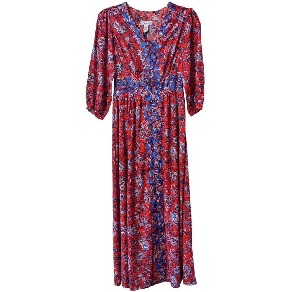 Jopna Maxi Dress Women's XS‎ Multicolor Print Elastic Waist 3/4 Sleeves Buttons